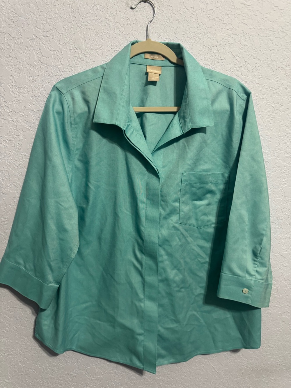 Chico's No Iron Cotton Mint Green Button-Front 3/4 Sleeves Shirt Sz 3 (16-18)